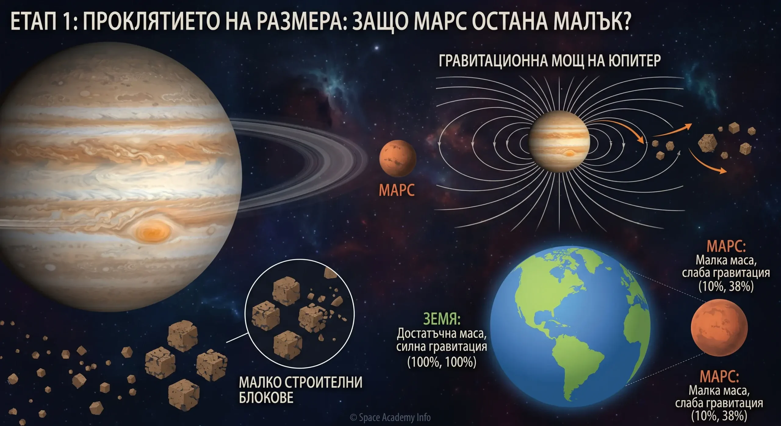 ЕТАП 1 на Марс. Обяснява защо Марс е останал малък, като показва влиянието на гравитацията на Юпитер върху строителните блокове и сравнява масата му със Земята.