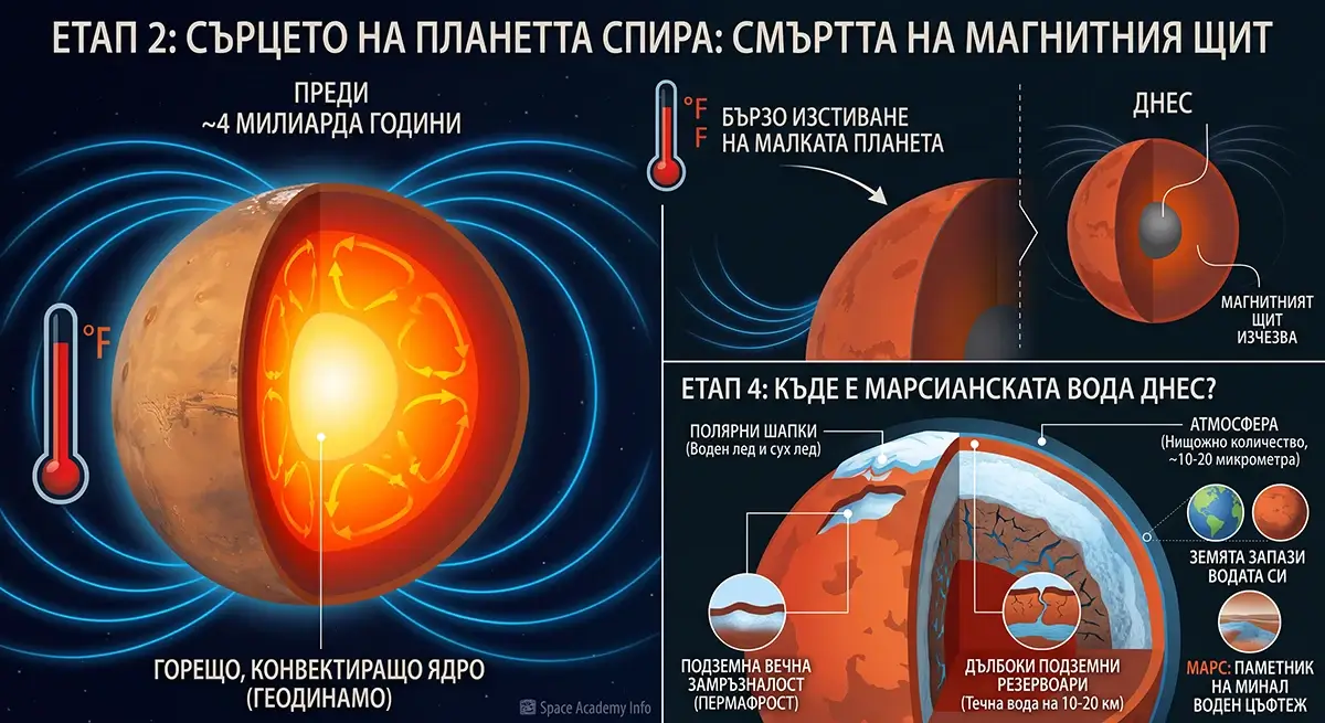 ЕТАП 2 на Марс. Покаже разрез на ядрото на Марс преди (горещо динамо, силно магнитно поле) и днес (студено ядро, изчезнал магнитен щит) с термометър. Включен е разрез на днешния Марс.