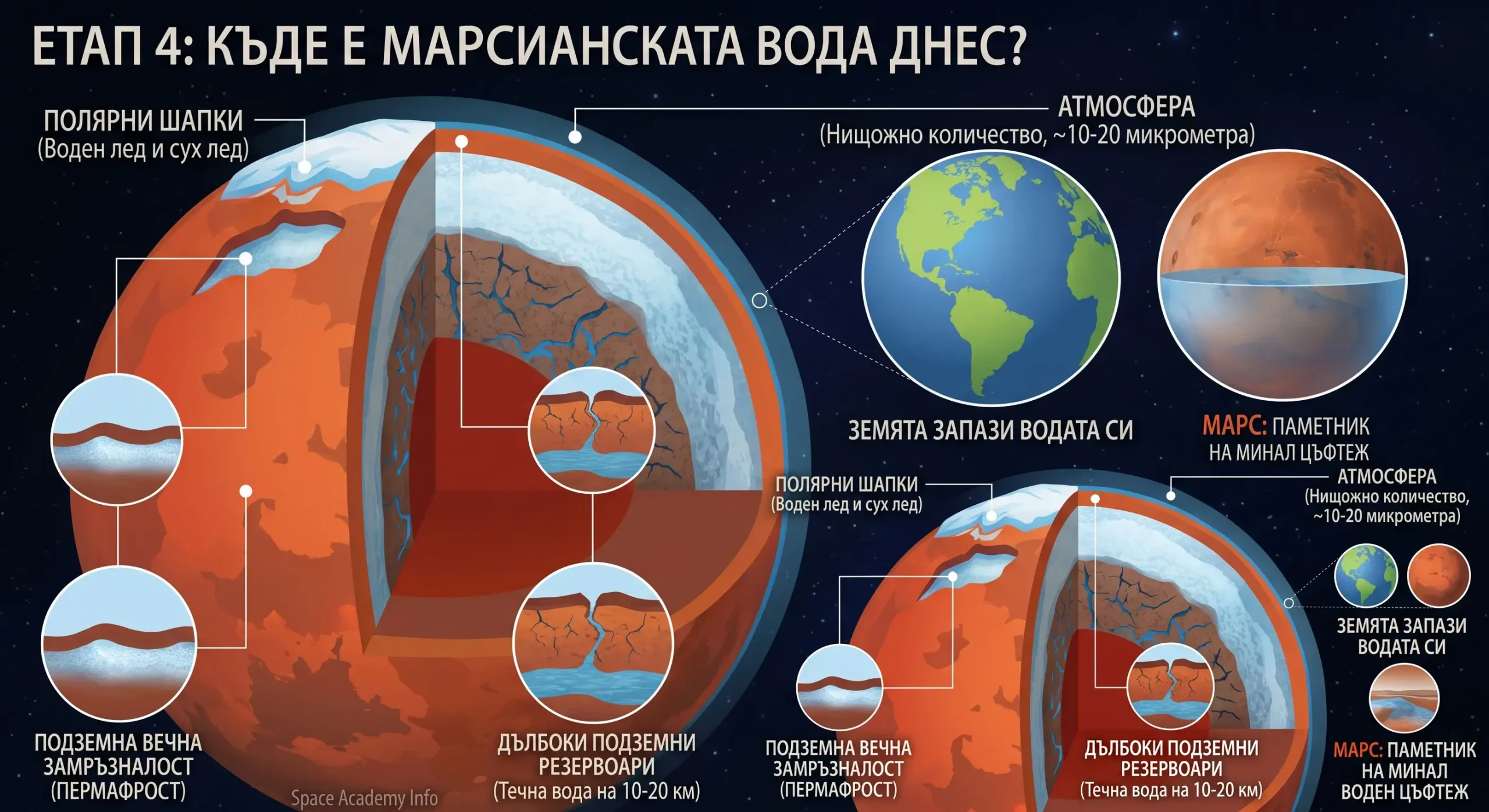 ЕТАП 4 на Марс. Показва разрез на планетата с маркирани места на остатъчна вода: полярни шапки (воден лед), подземна вечна замръзналост и дълбоки резервоари. Има сравнения с планетата Земя.
