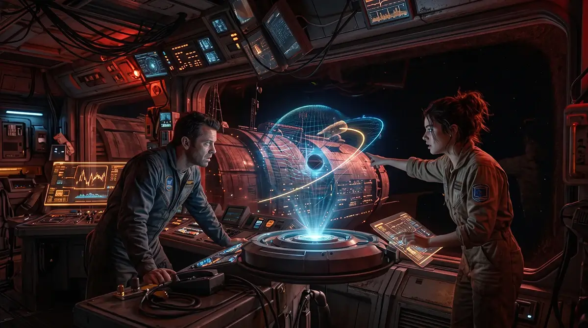 Капитан Максим и механикът Кики разглеждат светеща синя 3D холограма на гравитационна аномалия и орбитална траектория на командния мостик при червена аварийна светлина.