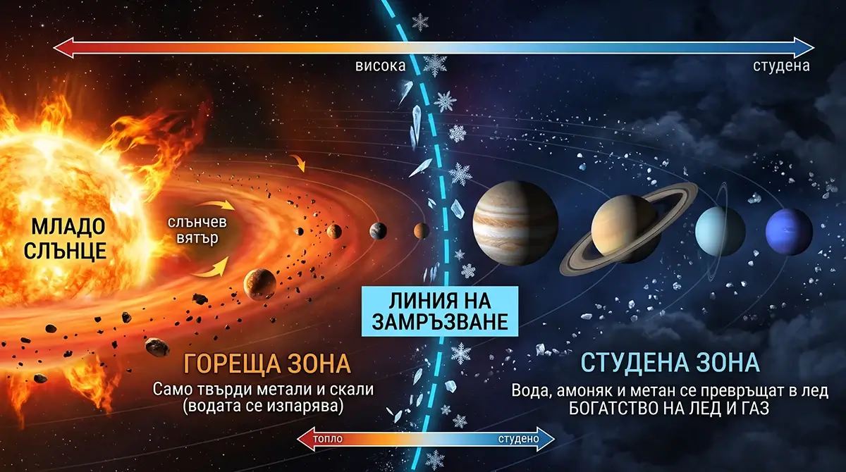 Информативна космическа графика на Слънчевата система, разделена от „Линията на замръзване“ на гореща вътрешна зона със скалисти планети около Слънцето и студена външна зона с лед и газови гиганти.