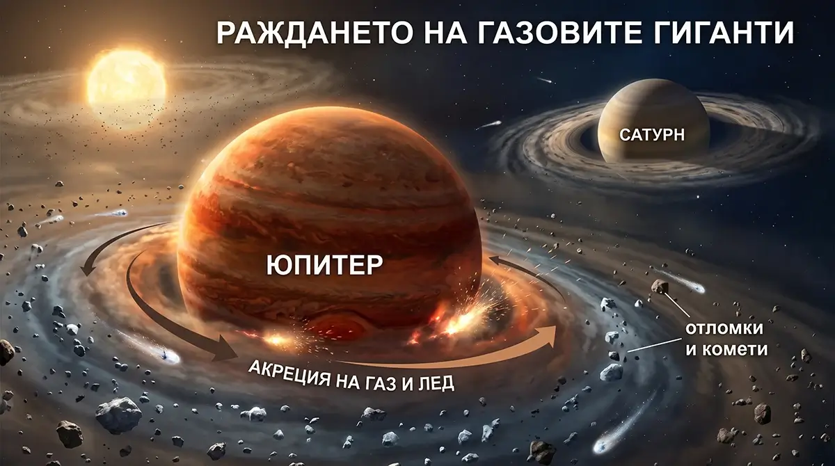 Епична научно-популярна илюстрация на младите Юпитер и Сатурн, които бързо растат чрез акреция на огромни количества газ, лед и отломки от протопланетния диск на ранната Слънчева система.