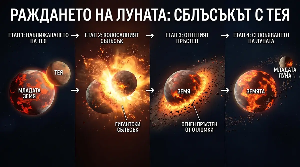 Инфографика в четири етапа, показваща раждането на Луната: наближаването на протопланетата Тея, гигантския сблъсък с младата Земя, образуването на огнен пръстен от отломки и финалното сглобяване на Луната.